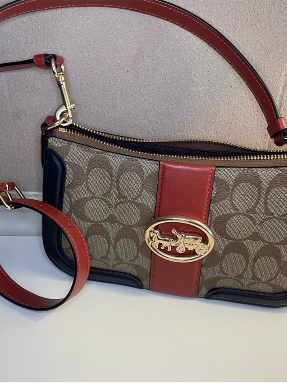 Coach Signature Canvas Shoulder Bag in Brown with Red and Black Trim